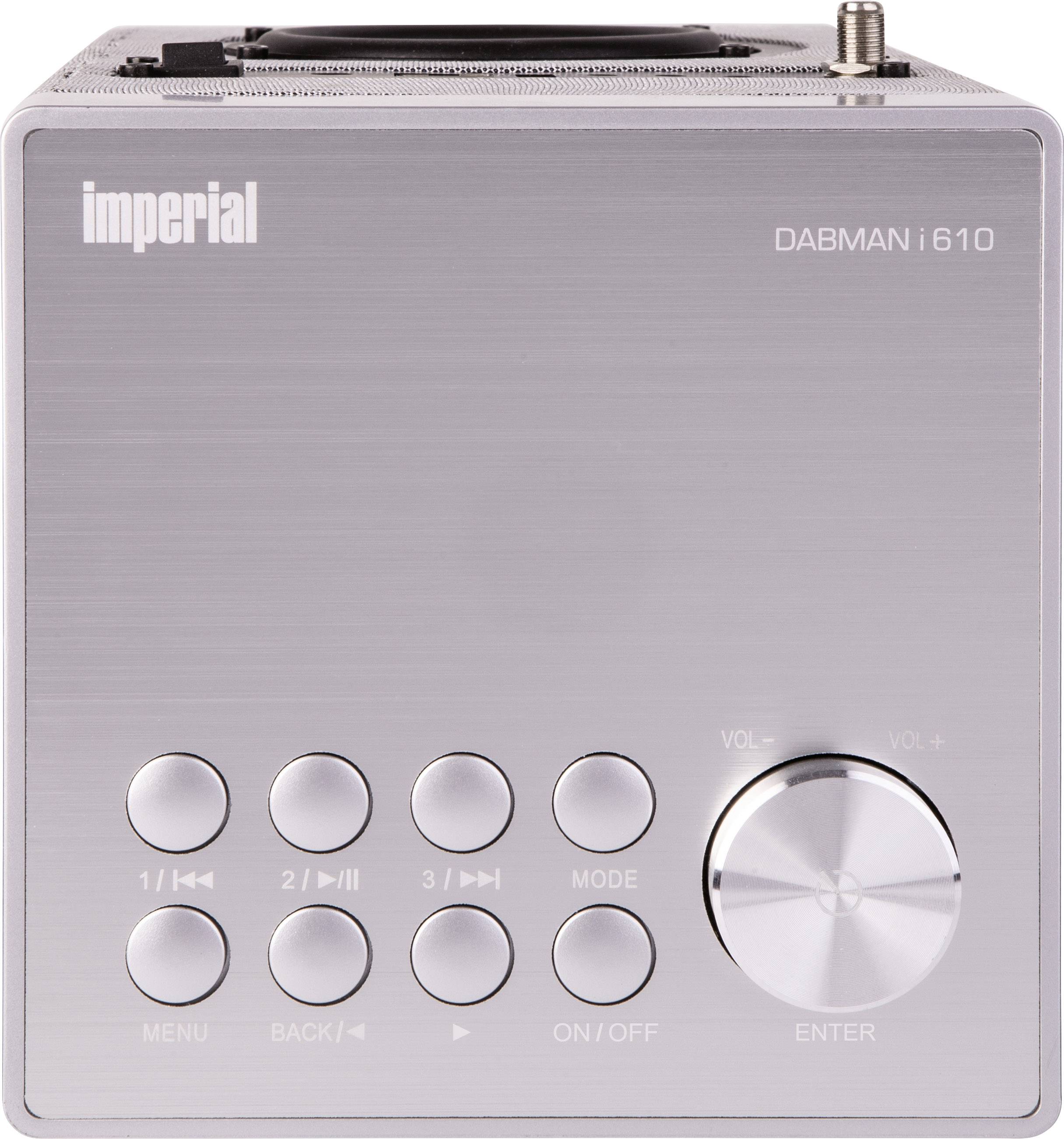 Digitales Radio Imperial Dabman i610, Vorderansicht: silbernes Gehäuse mit Knöpfen für Bedienung und großem Lautstärkeregler.