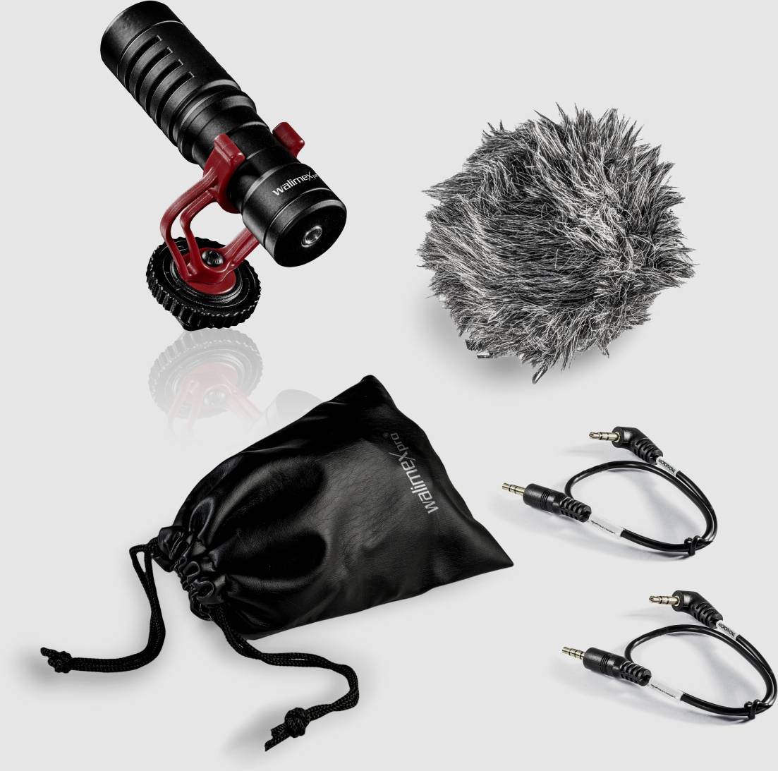 Kamera-Mikrofon Walimex Pro 21964 Übertragungsart (Details):Kabelgebunden inkl. Kabel, inkl. Tasche, inkl. Windschutz, inkl. Klammer, Standfuß