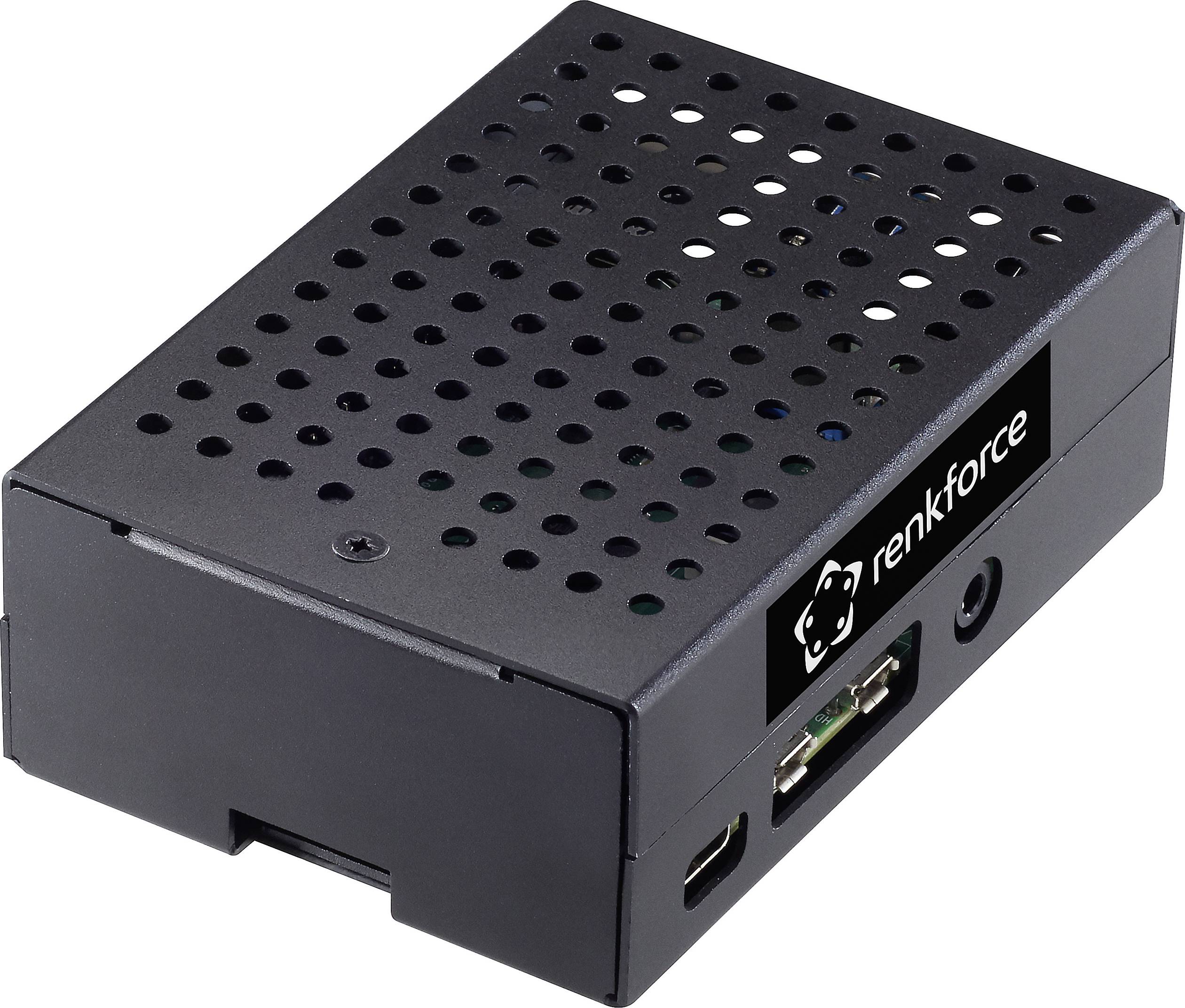 Schwarzes, perforiertes Gehäuse mit dem Logo 'renkforce' für kleine elektronische Geräte, zeigt Anschlüsse an der Seite.