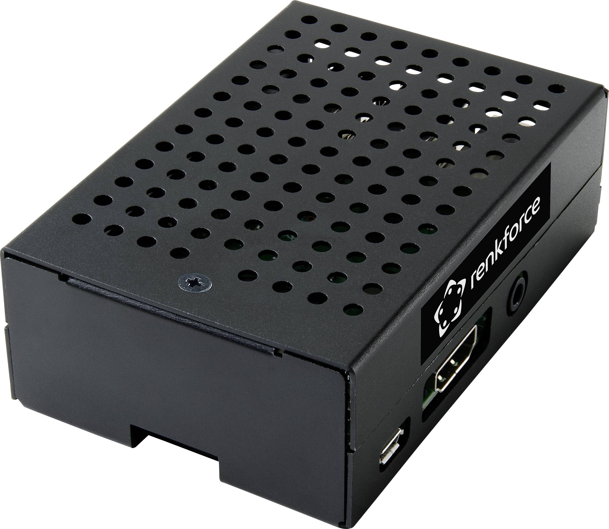 Ein schwarzes, rechteckiges Elektronikgehäuse mit Lüftungsschlitzen und einem 'Renkforce'-Logo.