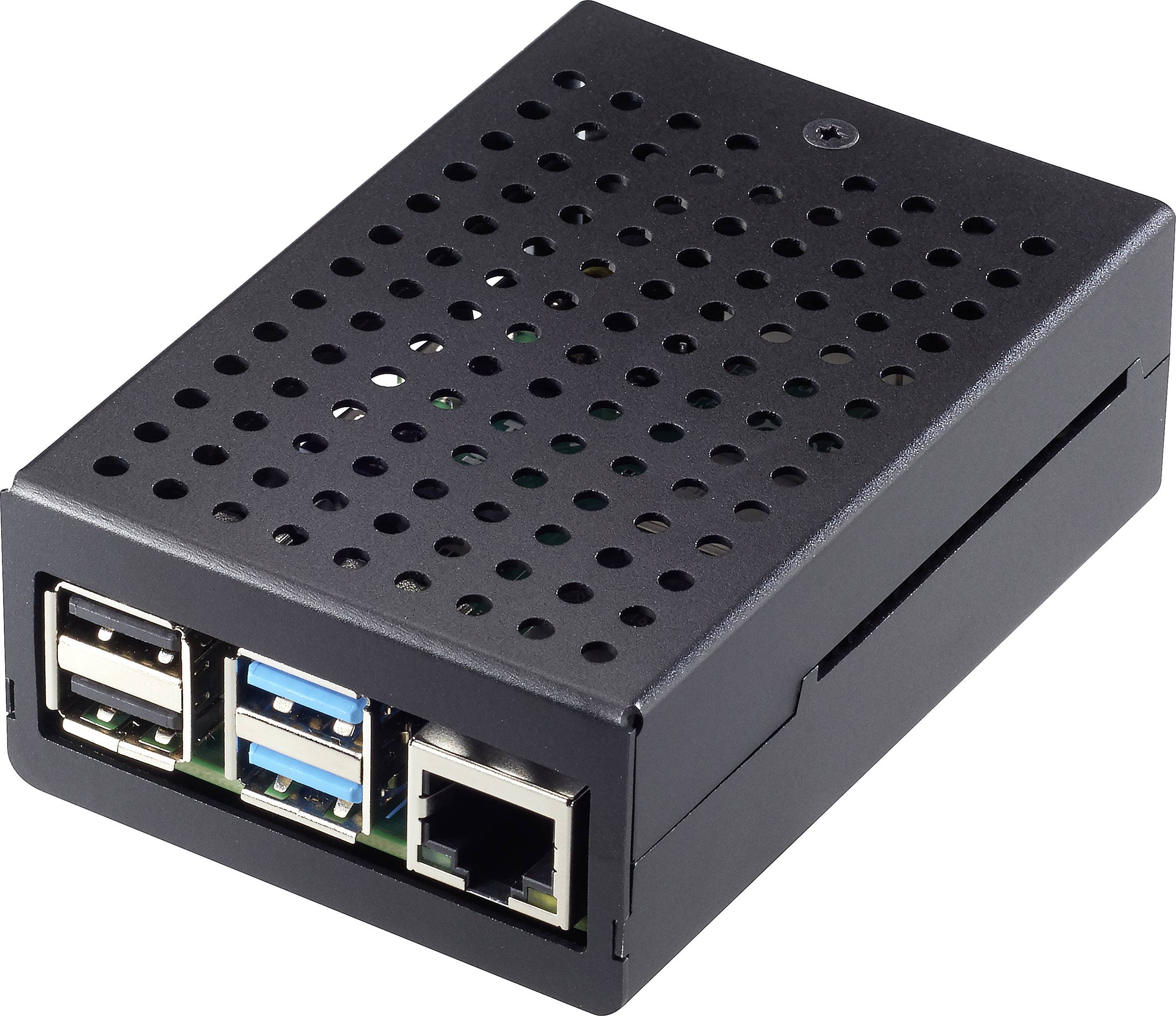 Schwarzes, belüftetes Gehäuse eines Mini-Computers mit mehreren USB-Anschlüssen und einem Ethernet-Port an der Vorderseite.