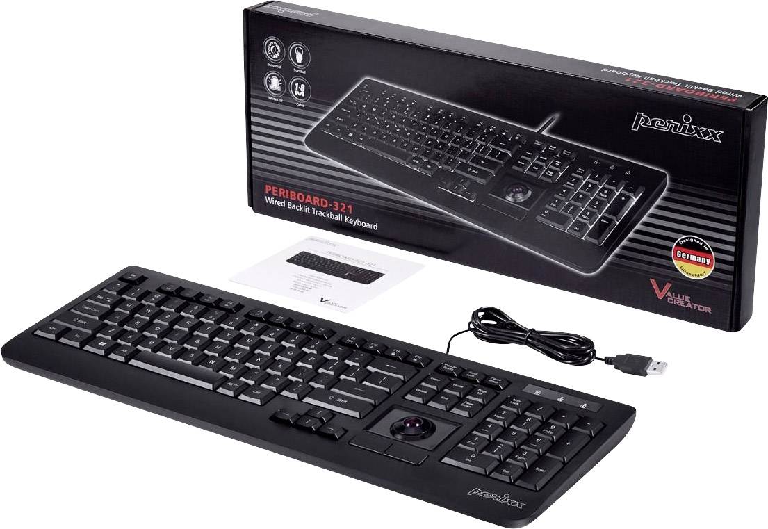 Perixx PERIBOARD-321 USB Tastatur Deutsch, QWERTZ Schwarz Beleuchtet, mit Trackball, USB-Hub