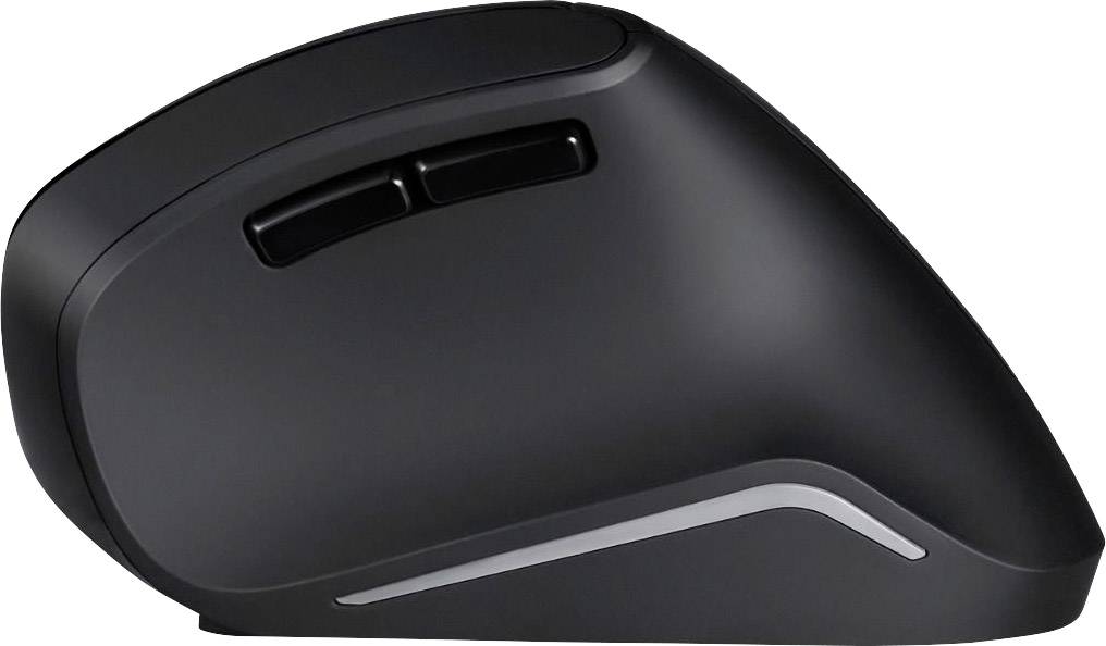 Ergonomische, kabellose Computermaus in seitlicher Ansicht mit zwei Seitentasten und einer geschwungenen Form für verbesserten Komfort.