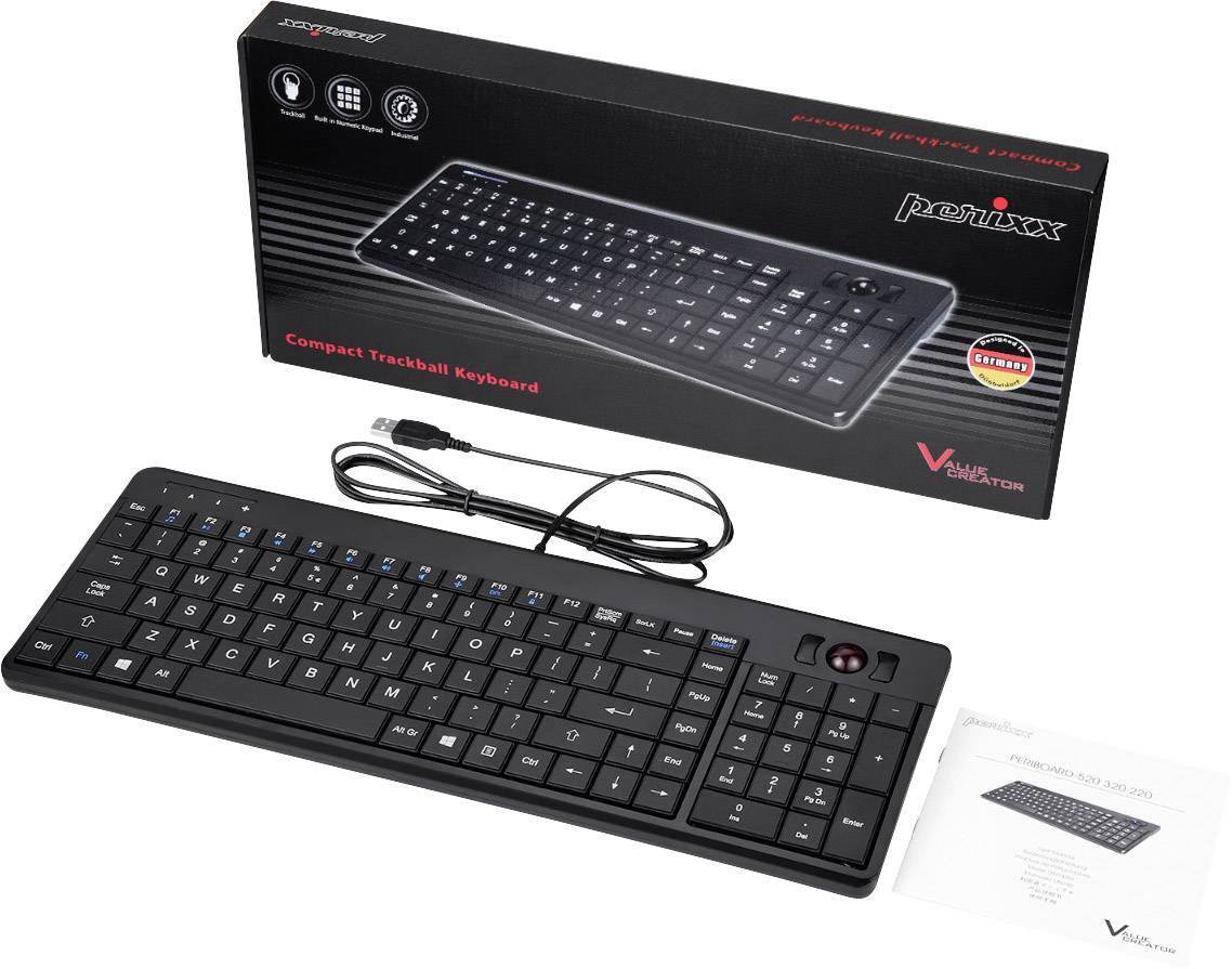 Perixx PERIBOARD-520U USB Tastatur Deutsch, QWERTZ Schwarz mit Trackball