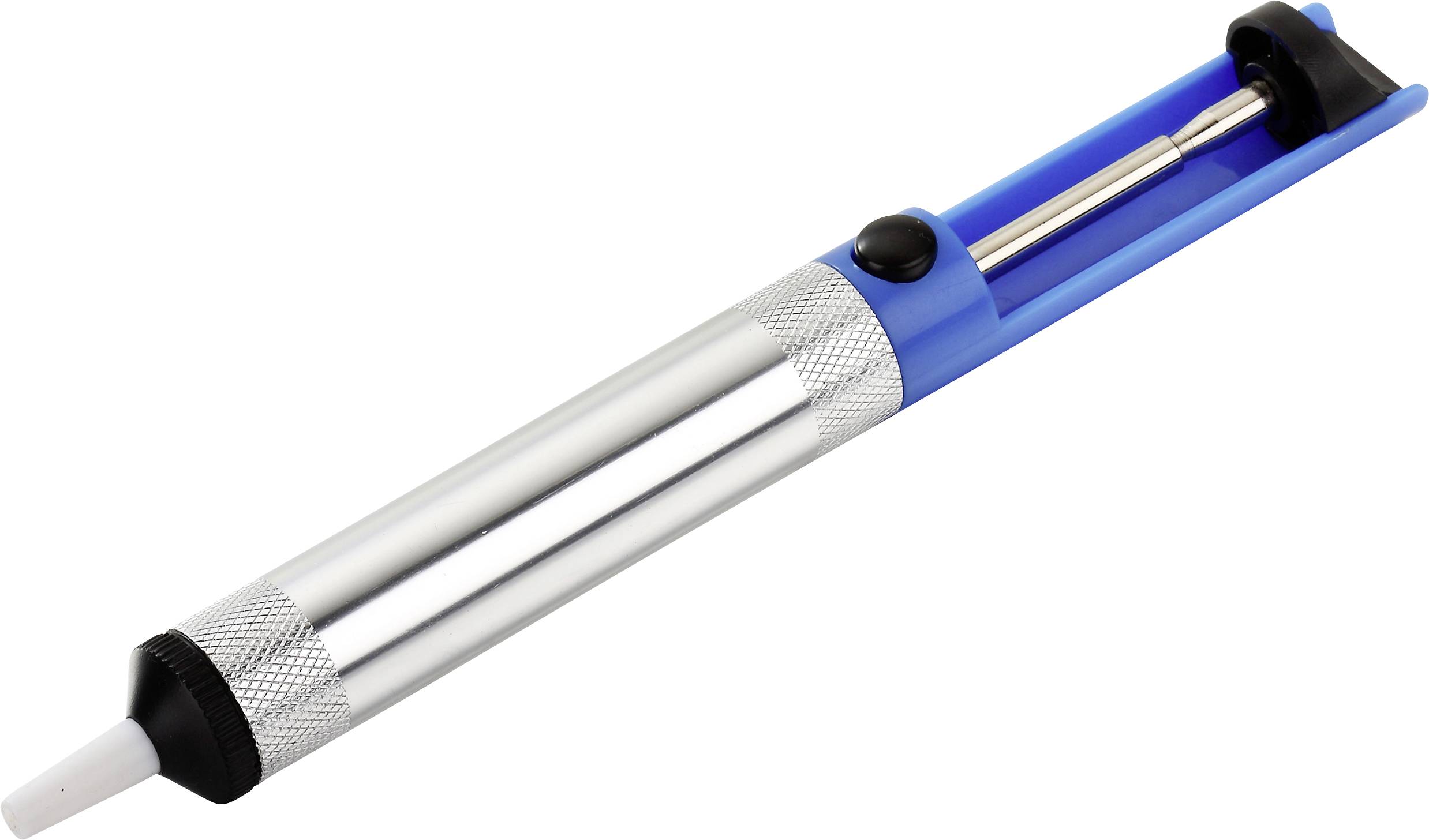 Ein Lötkolbenlöter mit einem blauen Griff und schwarzem Knopf, der zum Entfernen von Lötzinn von Leiterplatten bei elektronischen Arbeiten verwendet wird.