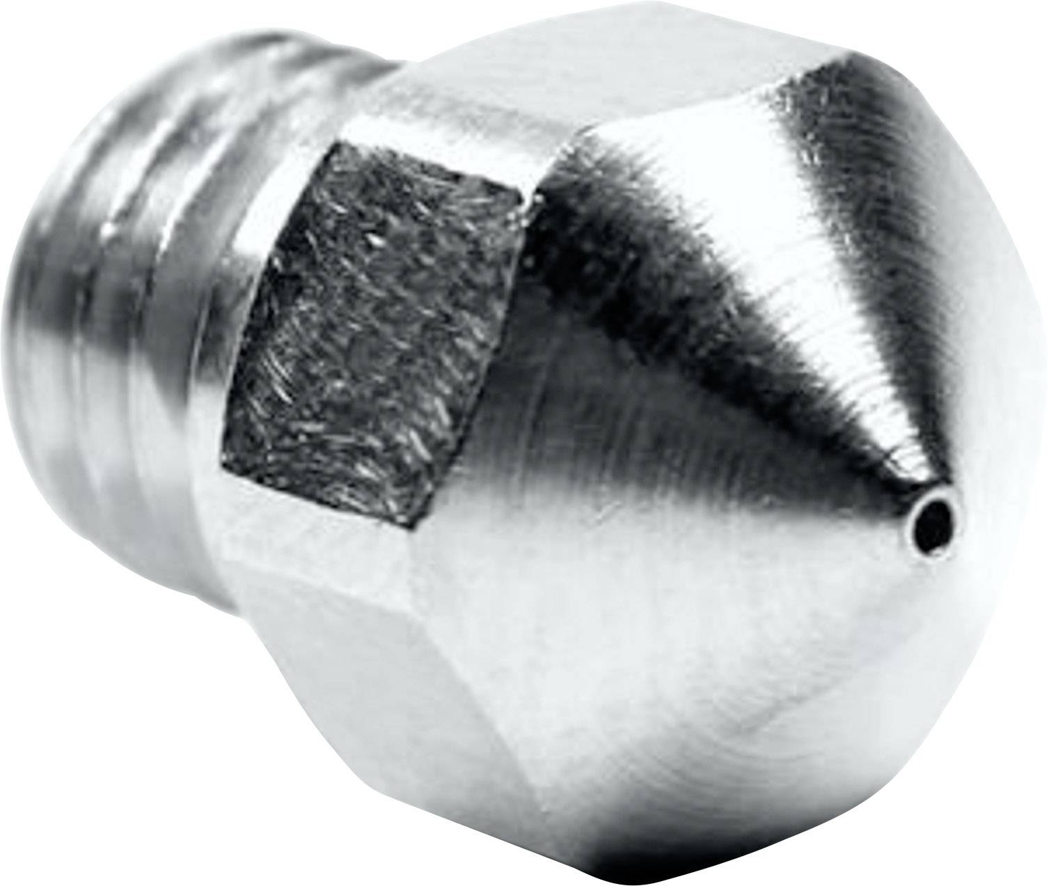 Eine Metallspritzdüse mit sechseckigem Kopf und kleinem Loch an der Spitze, vermutlich für 3D-Drucker oder industrielle Anwendungen.