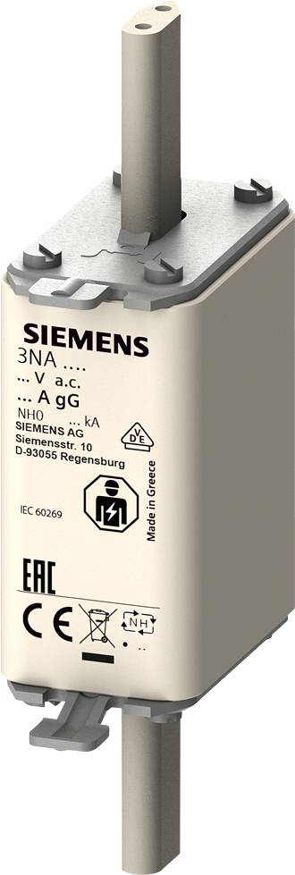 Ein zylindrischer, grauer NH-Sicherungseinsatz von Siemens, mit Logos und technischen Daten bedruckt.