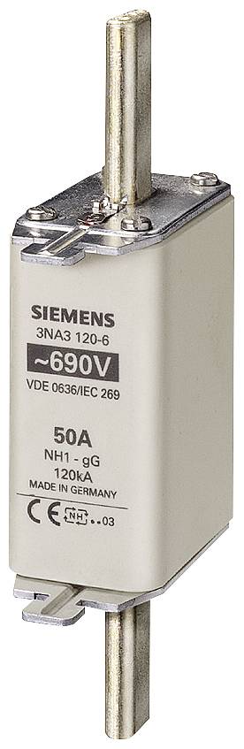 NH-Sicherungseinsatz Siemens 3NA3 120-6, 690V, 50A, VDE 0636/IEC 269, 120kA, hergestellt in Deutschland.