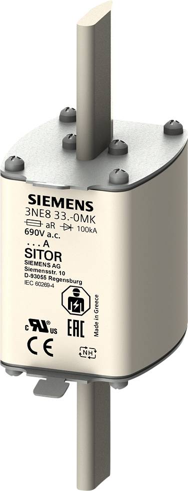 Sicherungseinsatz von Siemens, Modell 3NE8 33-0MK, 690V a.c., 100kA, für industrielle Anwendungen, zeigt technische Eigenschaften.