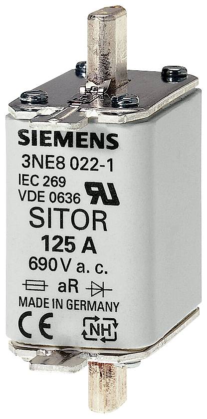 Sicherung von Siemens, Typ SITOR, 125 A, 690 V a.c., Modell 3NE8 022-1, IEC 269, VDE 0636, Made in Germany.