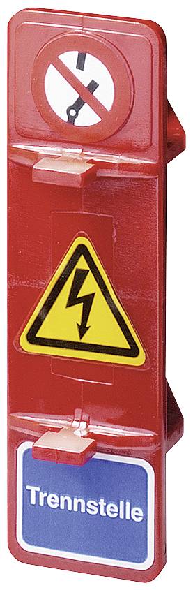 Rotes Warnschild mit Durchfahrtverbotssymbol oben, Blitzsymbol in der Mitte und dem Text 'Trennstelle' auf blauem Hintergrund unten.