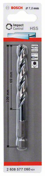 Bosch Bohrer, 7.0 mm, Länge 109 mm, geeignet für Beton. Verpackung zeigt Bohrer mit Spiraldesign und hexagonalem Schaft.