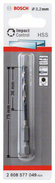 Bohrer-Set von Bosch, Ø 3,2 mm, HSS, geeignet für Beton. Verpackung zeigt Maße von 75 mm Länge und 36 mm Breite.
