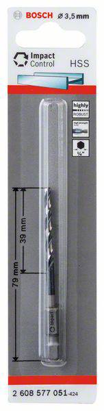 Bosch Impact Control HSS-Bohrer, 3,5 mm, Länge 79 mm. Verpackung zeigt Bohrer für hochbelastbare Anwendungen.