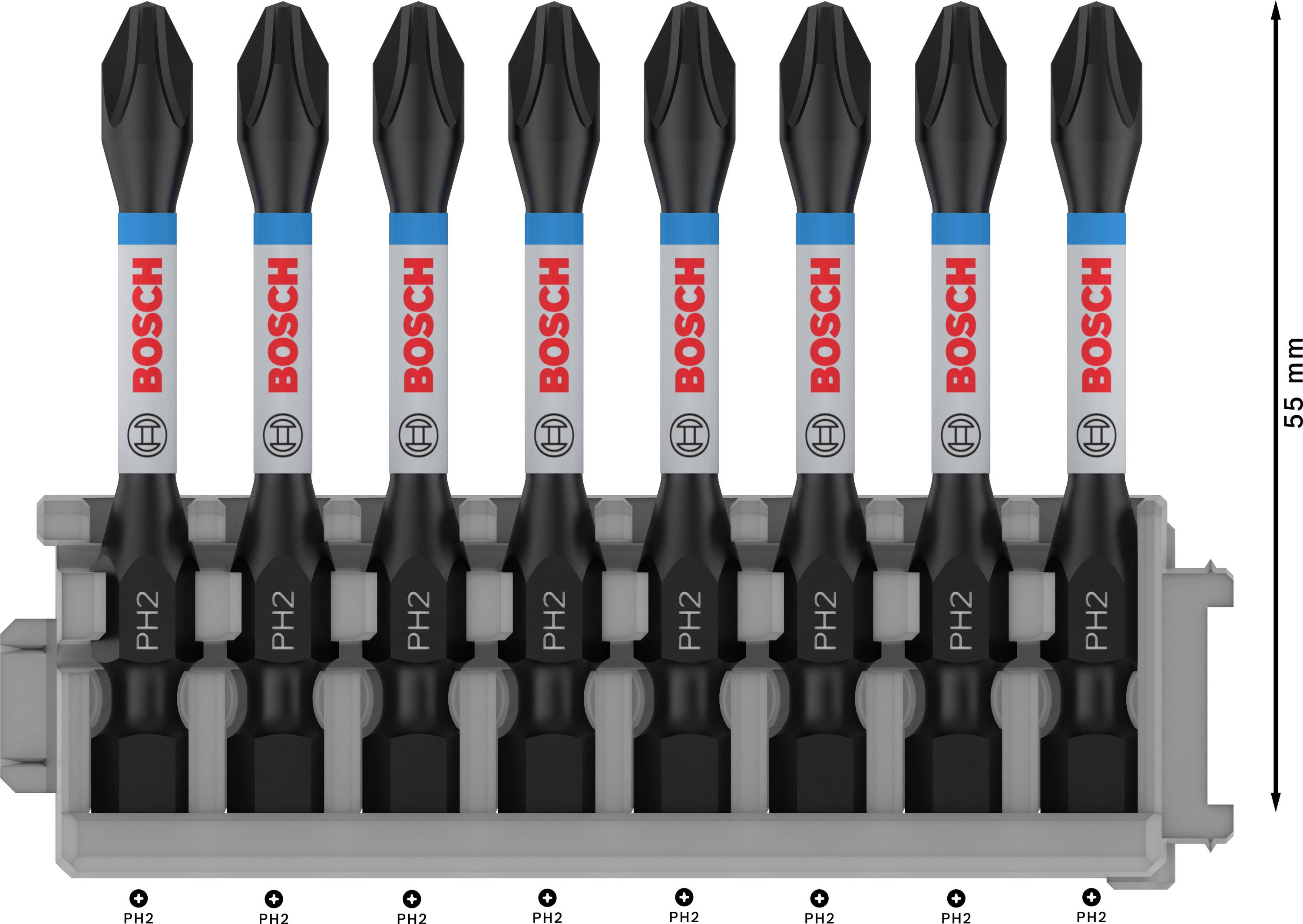 Ein Satz von acht Bosch PH2 Schrauberbits, angeordnet in einer grauen Halterung, mit einer Länge von 55 mm.