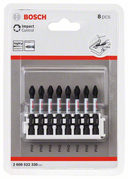 'Bosch Impact Control' Schraubbits Set, 8-teilig, PZ2 Größen. Verpackung zeigt die Bits, designed für hohe Belastbarkeit und Langlebigkeit.