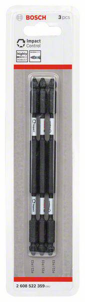 Verpackung mit drei Bosch Schrauberbits, geeignet für starken Impact-Einsatz, mit hoher Lebensdauerangabe, Artikelnummer unten.
