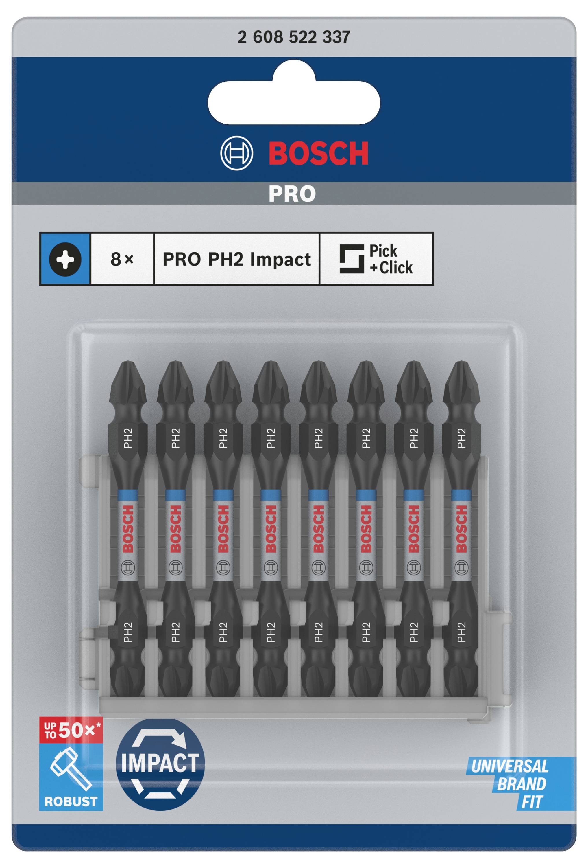 'Bosch PRO PH2 Impact' Bitsatz, 8 schwarze Bits in Kunststoffverpackung. Geeignet für Schlagbohrmaschinen, kompatibel mit 'Pick+Click'.