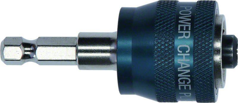 Blick auf einen Power-Change-Adapter für Bohrmaschinen, mit sechskantigem Schaft und blauem, geriffeltem Kopf zur Werkzeugbefestigung.