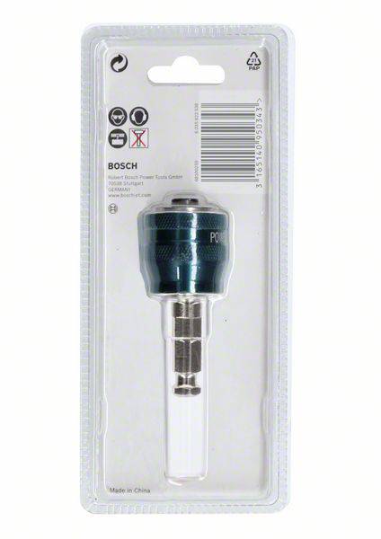 Bohreraufsatz in Plastikverpackung, Marke Bosch, geeignet für Akkubohrmaschinen. Verpackung zeigt Produktinformationen und Barcode.