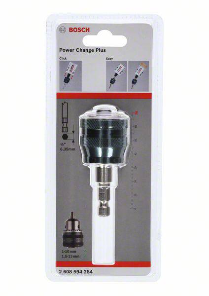 'Bosch Power Change Plus' Bohradapter in Verpackung, zeigt Produktabbildung und technische Details wie Größe 6,35mm und 1-10mm.