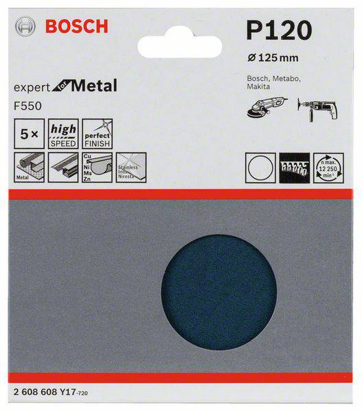 Verpackung eines Schleifpapiers der Marke Bosch, Typ P120, Durchmesser 125 mm, geeignet für Metallbearbeitung mit Hochgeschwindigkeit.