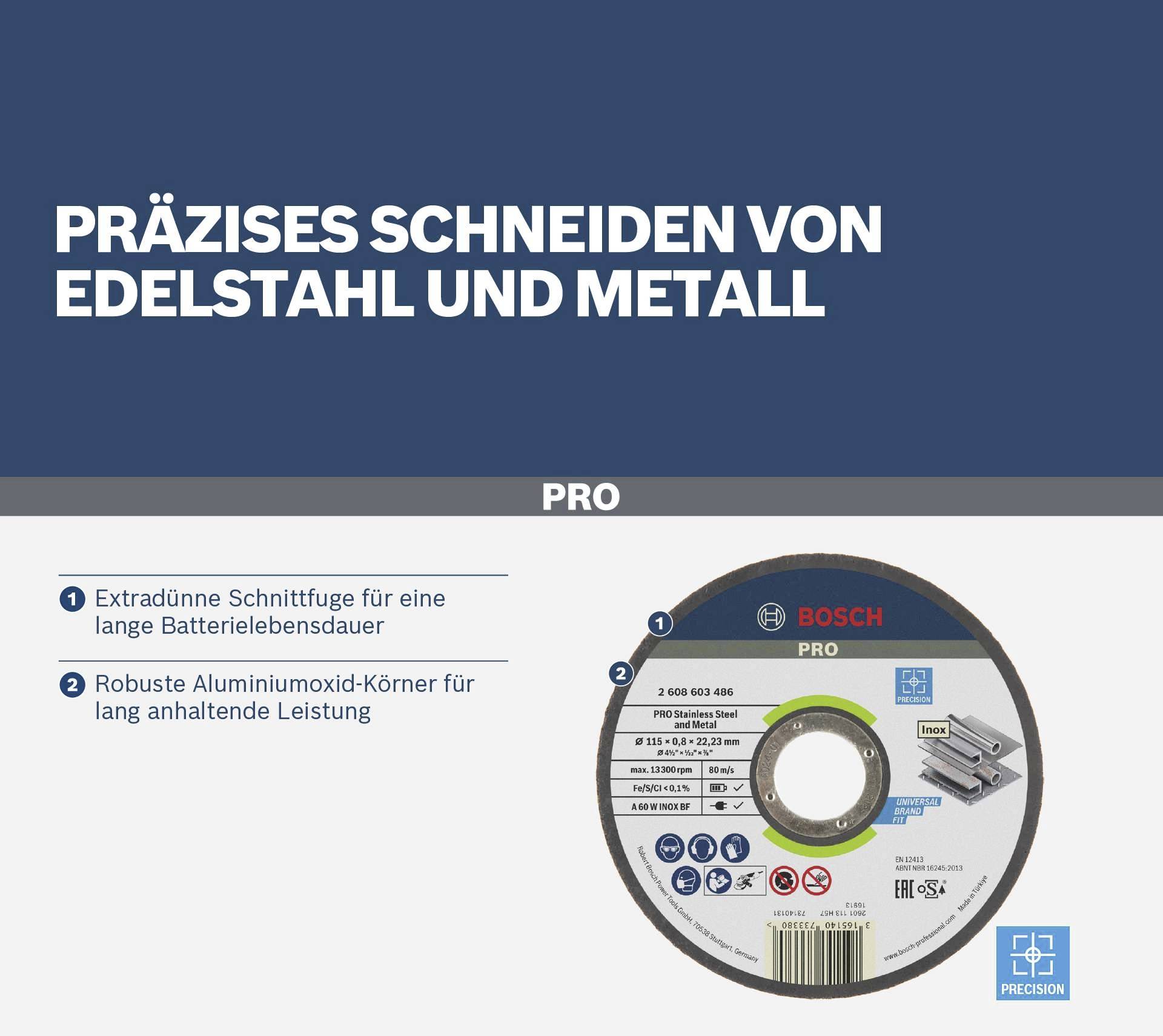 'Präzises Schneiden von Edelstahl und Metall' mit Abbildung einer Bosch Pro Trennscheibe, Fokus auf Langlebigkeit und Effizienz.