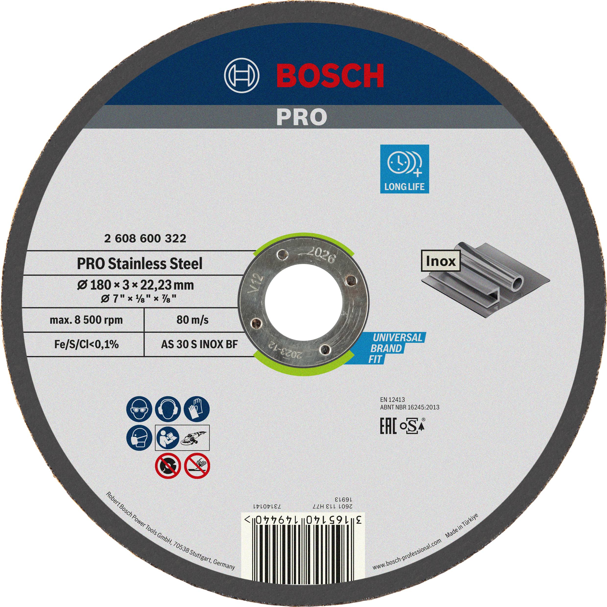 Schleifscheibe 'Bosch PRO' für Edelstahl, 180 x 3 x 22,23 mm, 8500 U/min. 'Universal Brand Fit', bietet Langlebigkeit für Stahlverarbeitung.
