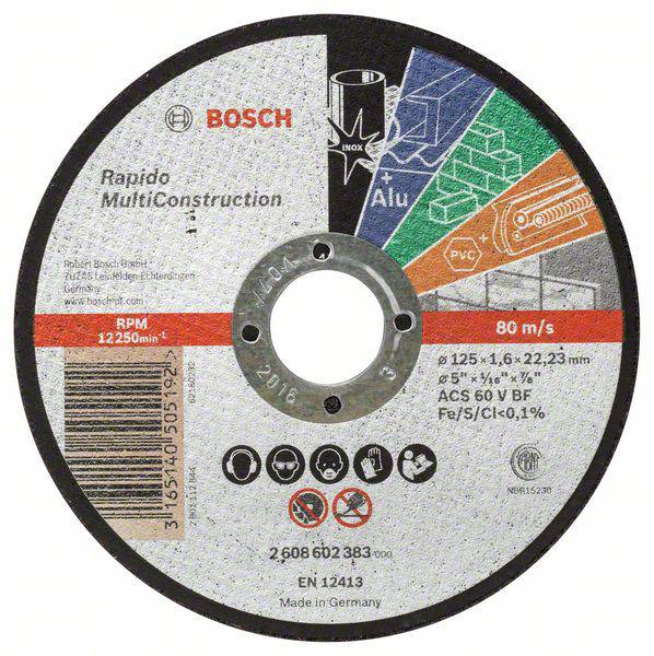 Schleifscheibe von Bosch für MultiConstruction, geeignet für Edelstahl, Aluminium und PVC. Größe: 125 x 1,6 x 22,23 mm.