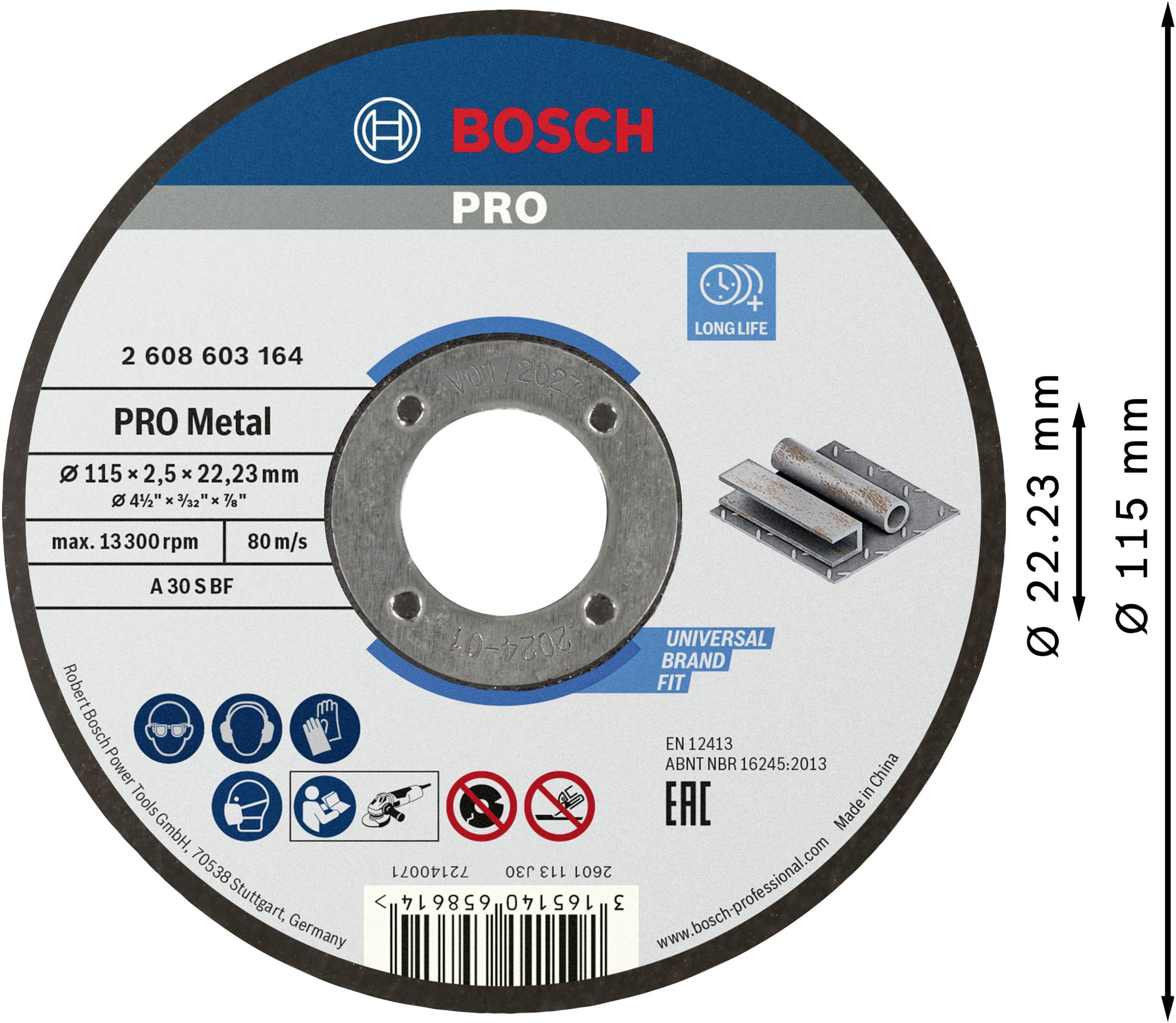 Bosch PRO Metal-Trennscheibe, Durchmesser 115 mm, für Metall, Max. 13.300 U/min, 80 m/s, zeigt Bild mit Scheibe und technischen Details.