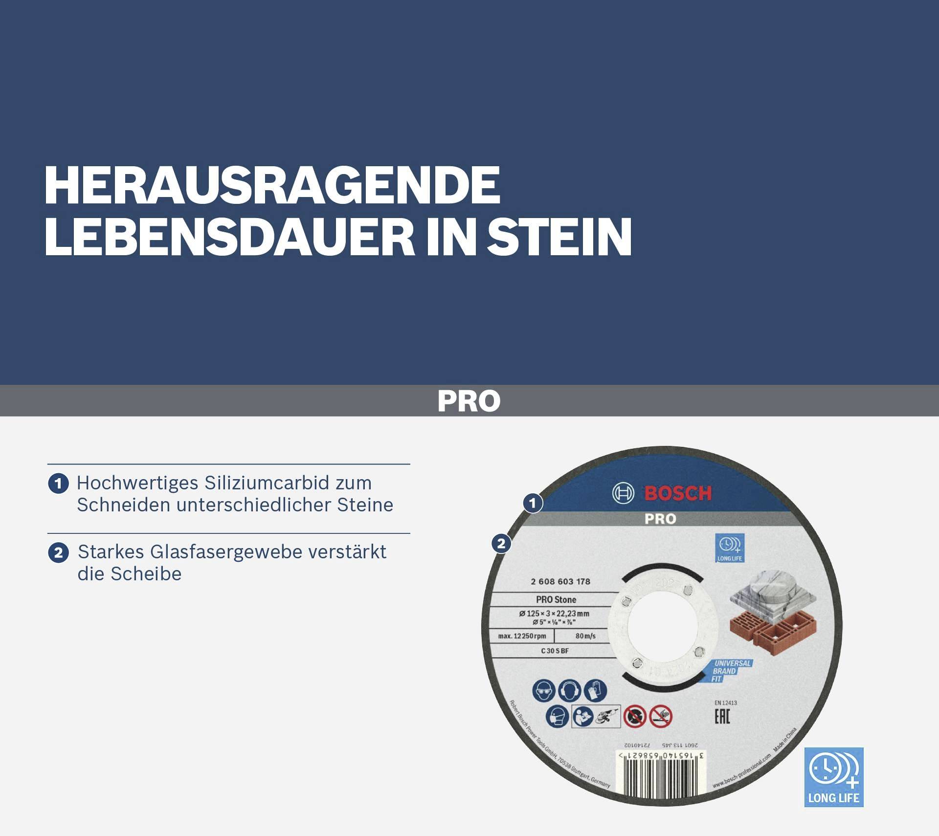 'Herausragende Lebensdauer in Stein.' Schleifscheibe mit Siliziumcarbid zum Schneiden. Glasfasergewebe verstärkt die Scheibe.
