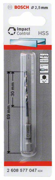Bosch Bohrer 'Impact Control HSS', Durchmesser 2,5 mm, Gesamtlänge 68 mm, Arbeitslänge 30 mm, geeignet für Metall und Holz. Verpackt.