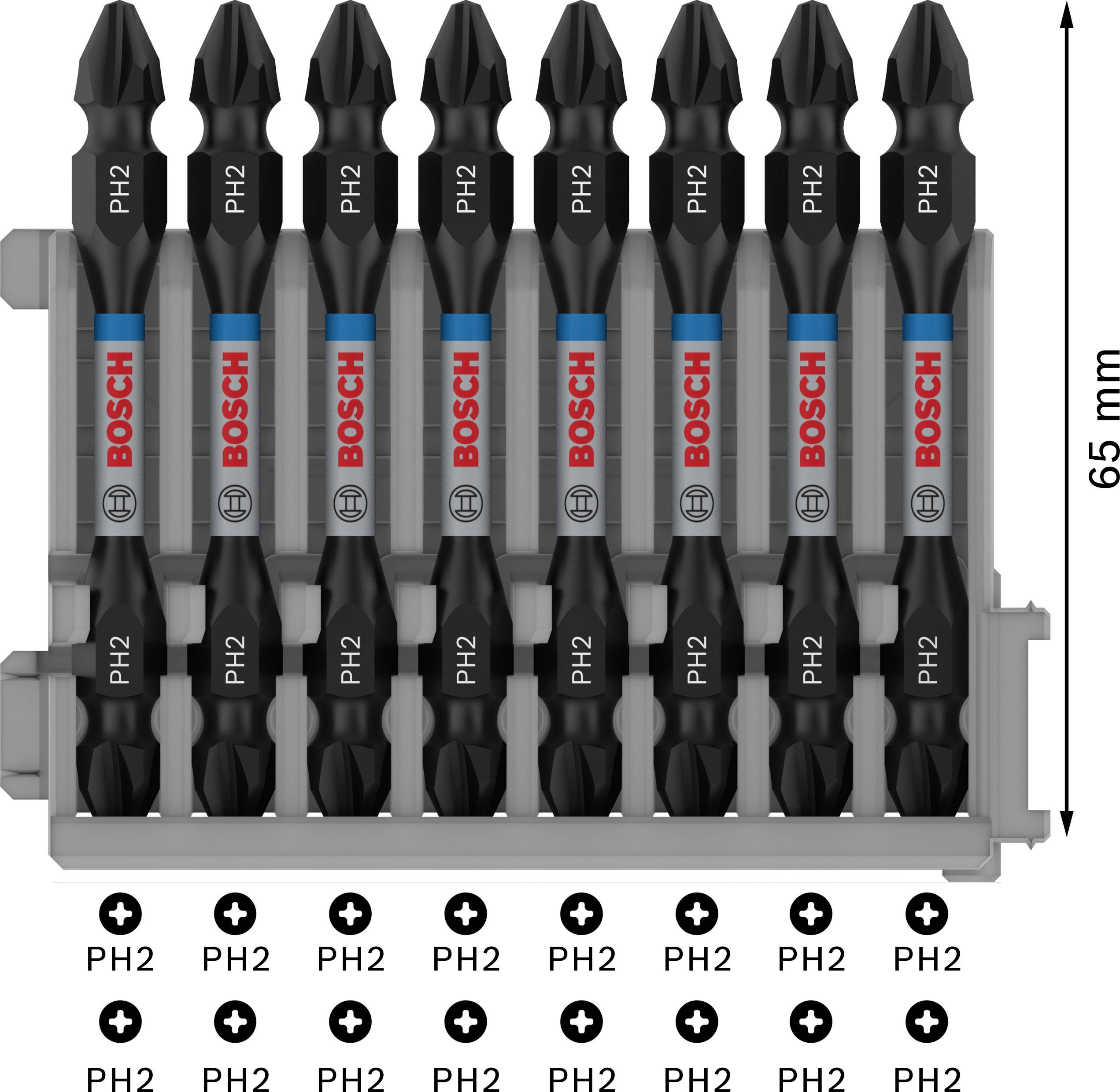 Bithalter-Set von Bosch, bestehend aus zehn PH2-Bits in einer Halterung. Bits sind schwarz mit silberner Kennzeichnung. Höhe: 65 mm.