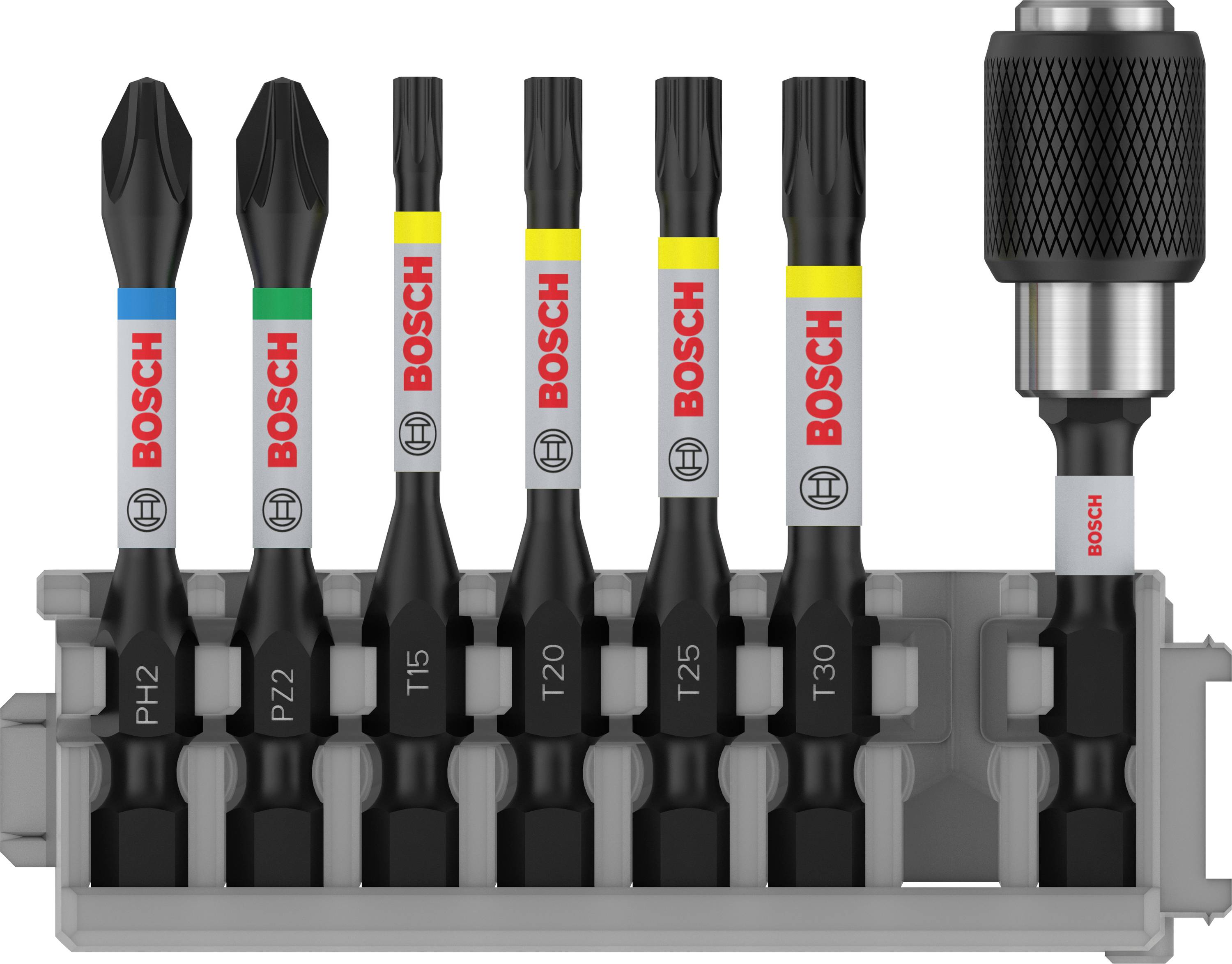 Satz von sechs Bosch Schraubendrehereinsätzen und einem Adapter, farbcodiert und in einer grauen Halterung angeordnet.