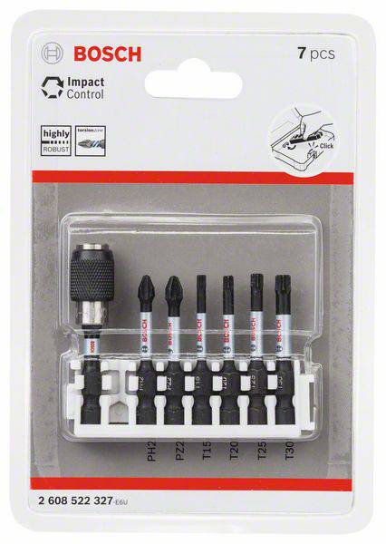 Bosch Impact Control Set, 7-teilig, beinhaltet verschiedene schwarze Bits und einen Schnellwechselhalter. Geeignet für robuste Anwendungen.