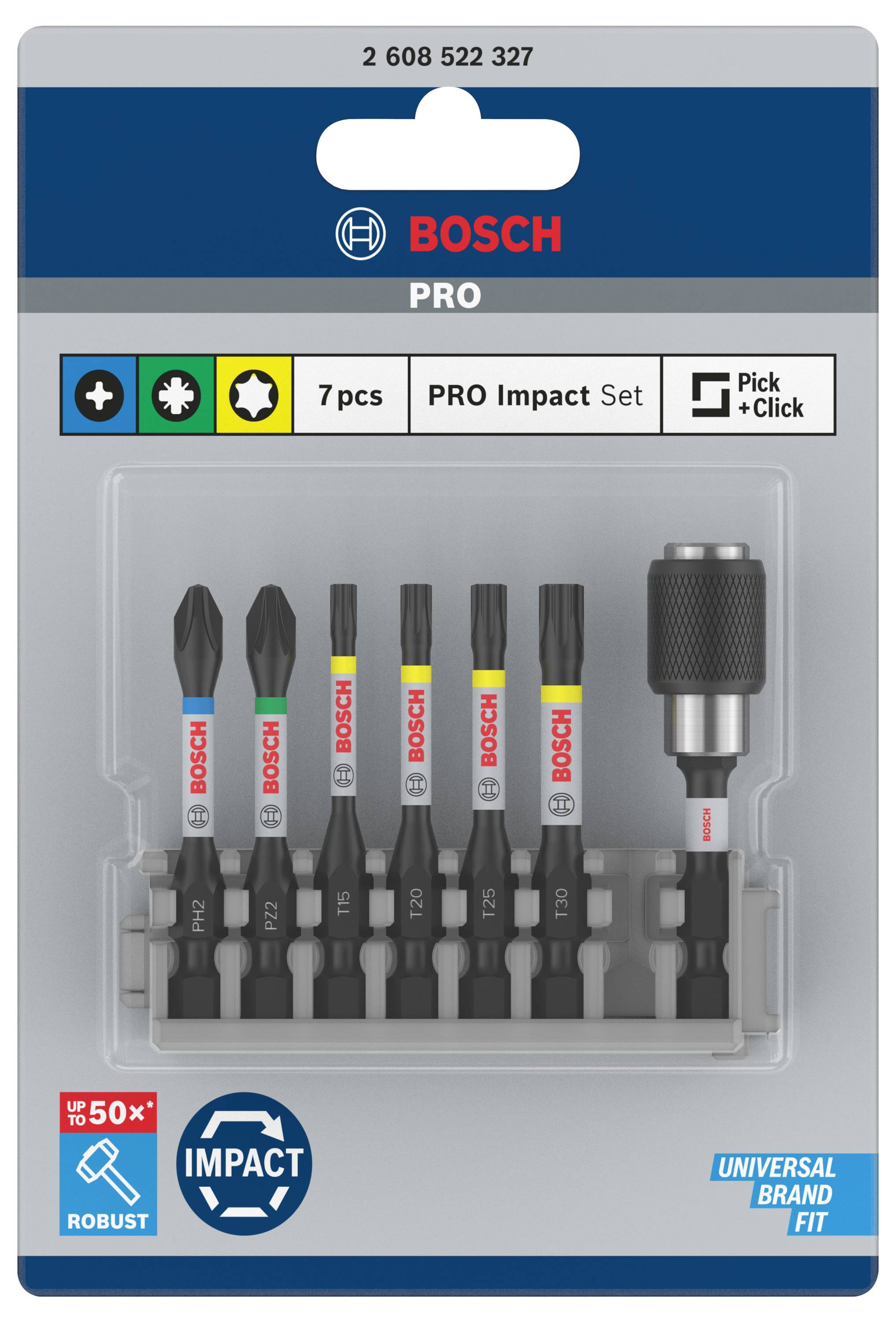 'Bosch PRO Impact Set', 7-teilig, mit verschiedenen Bits und einem Bithalter. Verpackung für universelle Markenkompatibilität.