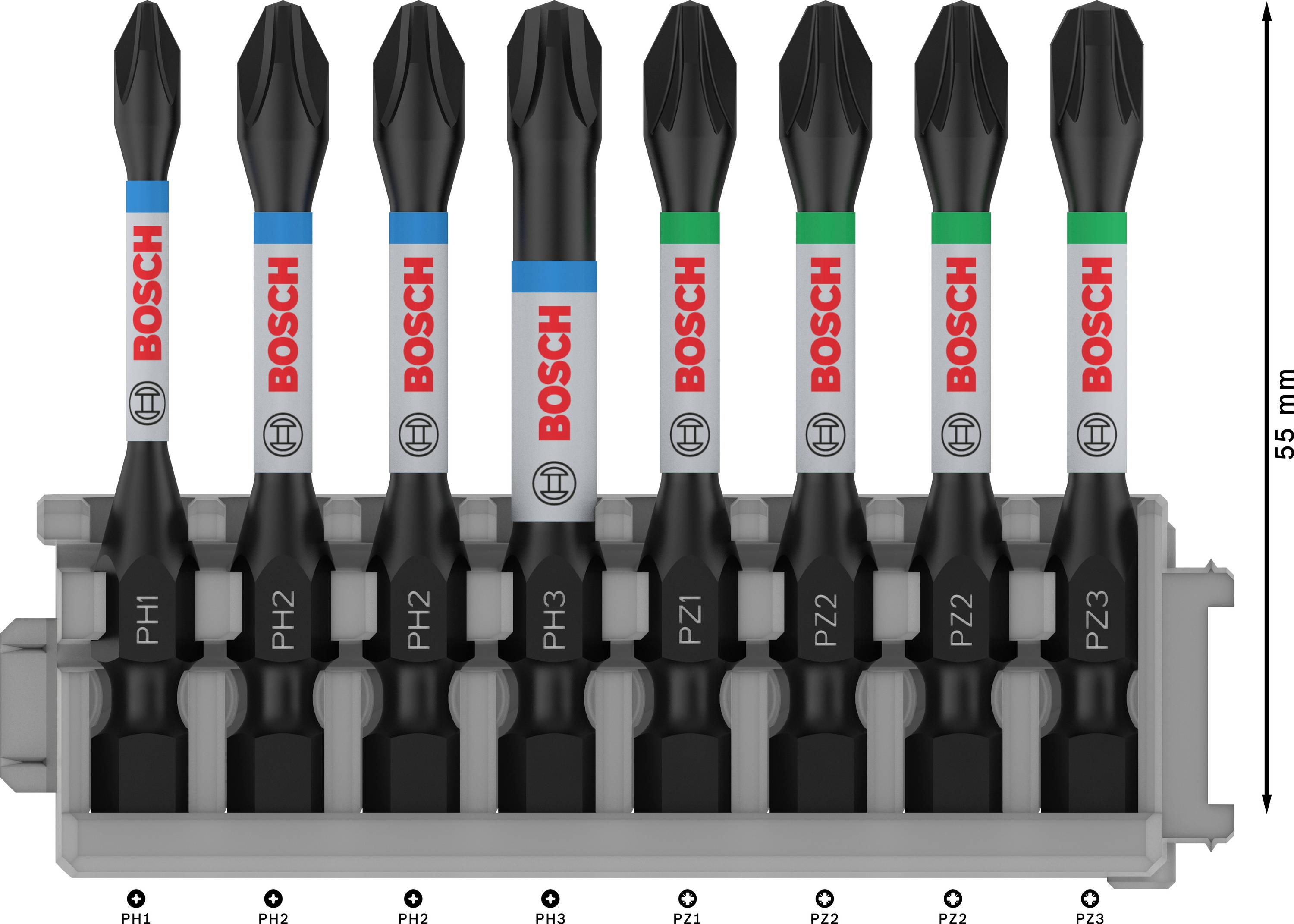 Satz mit sieben Bosch Schrauberbits in einem Halter. Bits sind nach Typ markiert: PH1, PH2, PH2, PH3, PZ1, PZ2, PZ3. Höhe: 55 mm.
