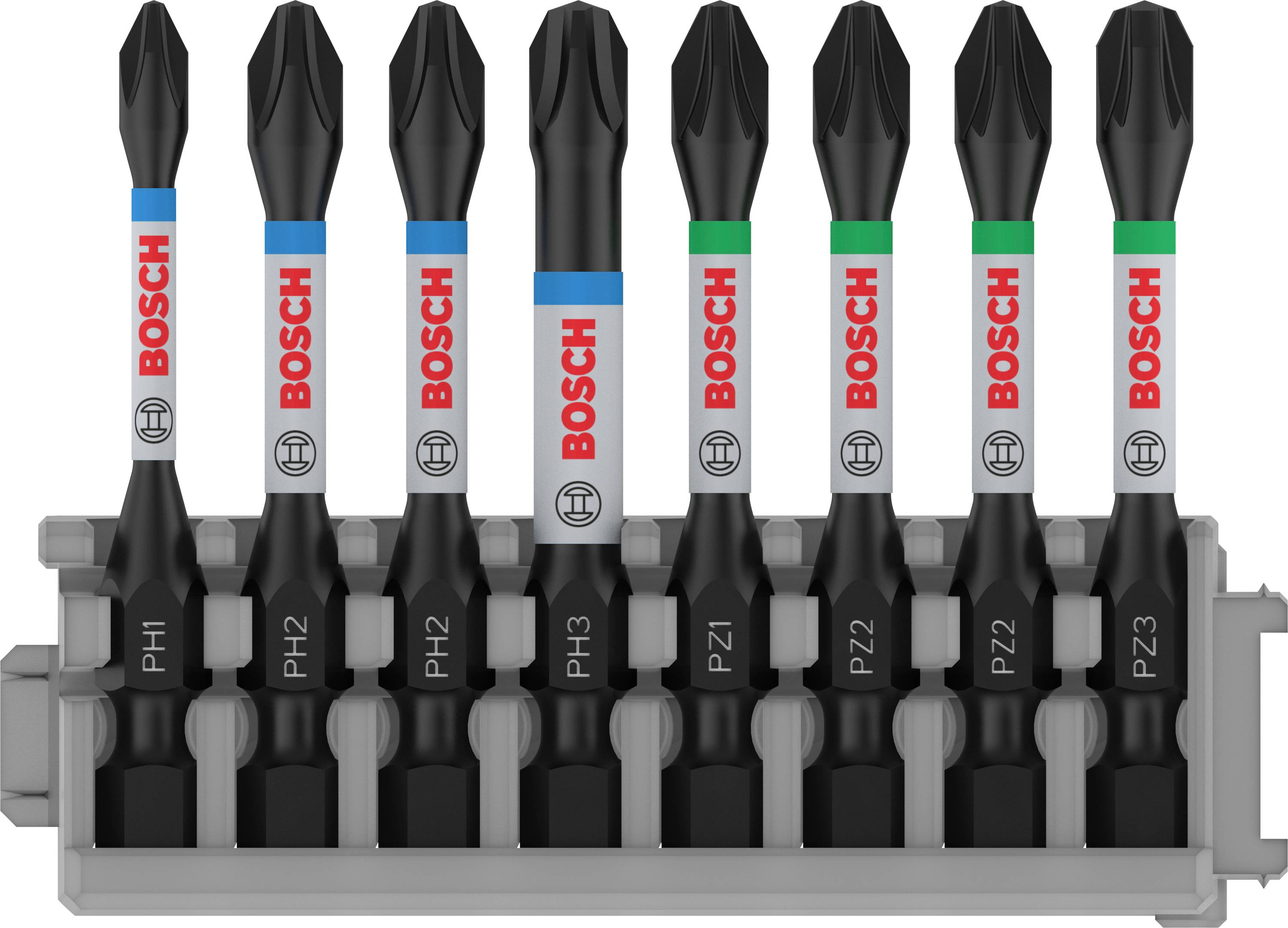 Satz von acht Bosch Schraubendreher-Bits in einer Halterung, verschiedene Größen (PH1-PH3, PZ1-PZ3), farbcodiert zur einfachen Identifikation.