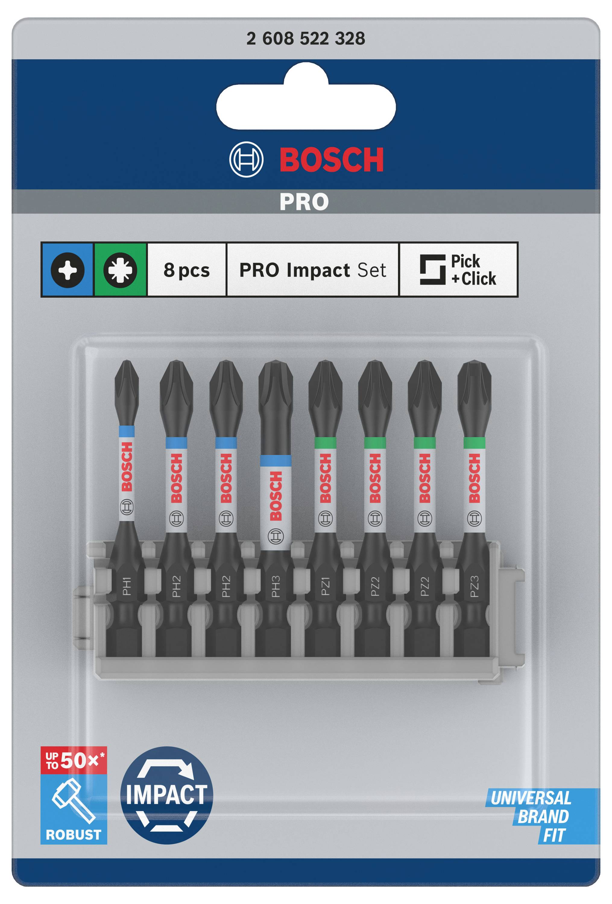Eine Verpackung mit 8 Bosch PRO Impact Bits, verschiedenen Größen und Farben markiert, geeignet für universelle Anwendungen.
