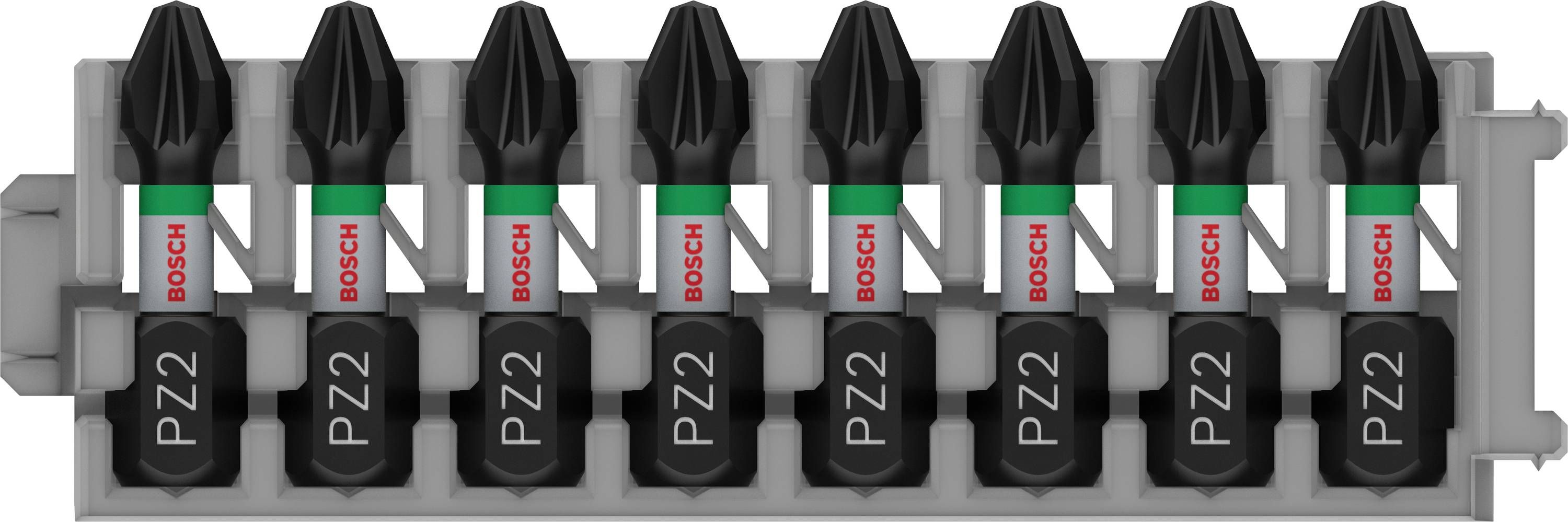 Satz mit acht Bosch-Schrauberbits, beschriftet mit 'PZ2', in einem grauen Halter.