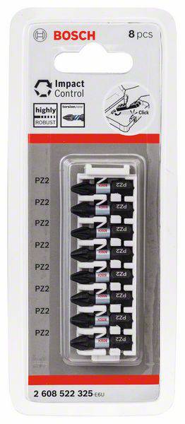 Eine Packung Bosch Schrauberbits 'PZ2', 8 Stück, geeignet für Schlagbohrmaschinen. Verpackung zeigt Anwendungshinweise und Produktlogos.