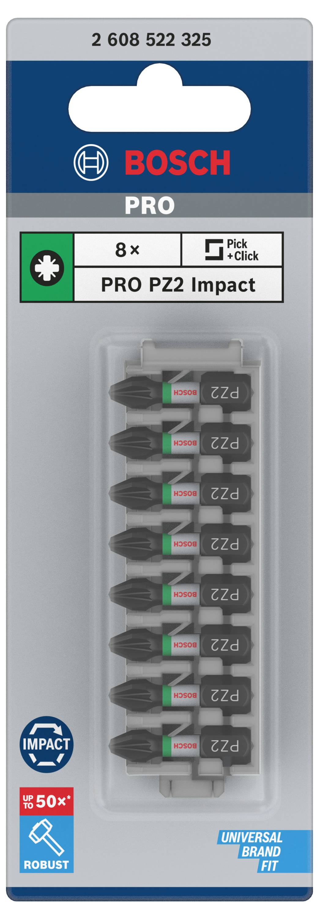 Verpackung von Bosch PRO PZ2 Impact Bits, 8 Stück. Geeignet für universale Schraubendreher. Enthält Symbole für Haltbarkeit und Passgenauigkeit.