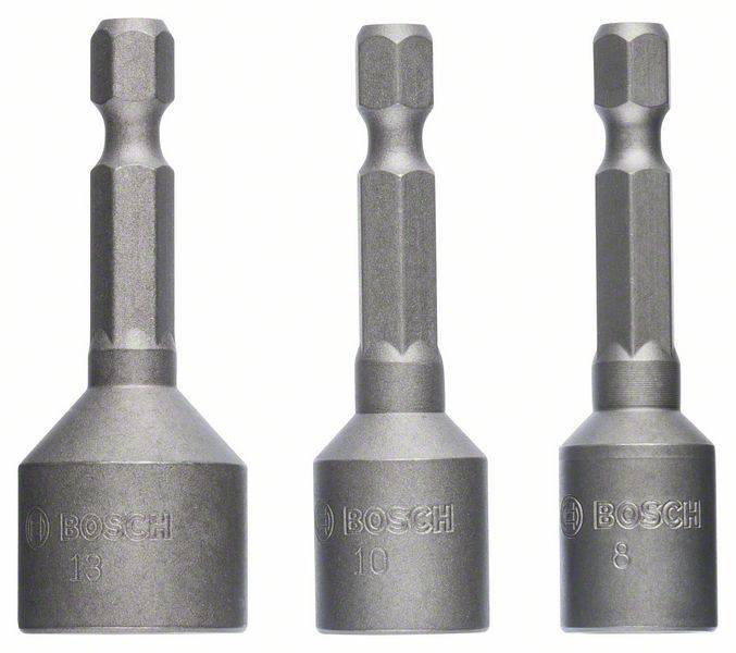 Drei graue Stecknussaufsätze in verschiedenen Größen (13, 10, 8 mm) mit Bosch-Logo, jeweils mit hexagonalem Schaft.