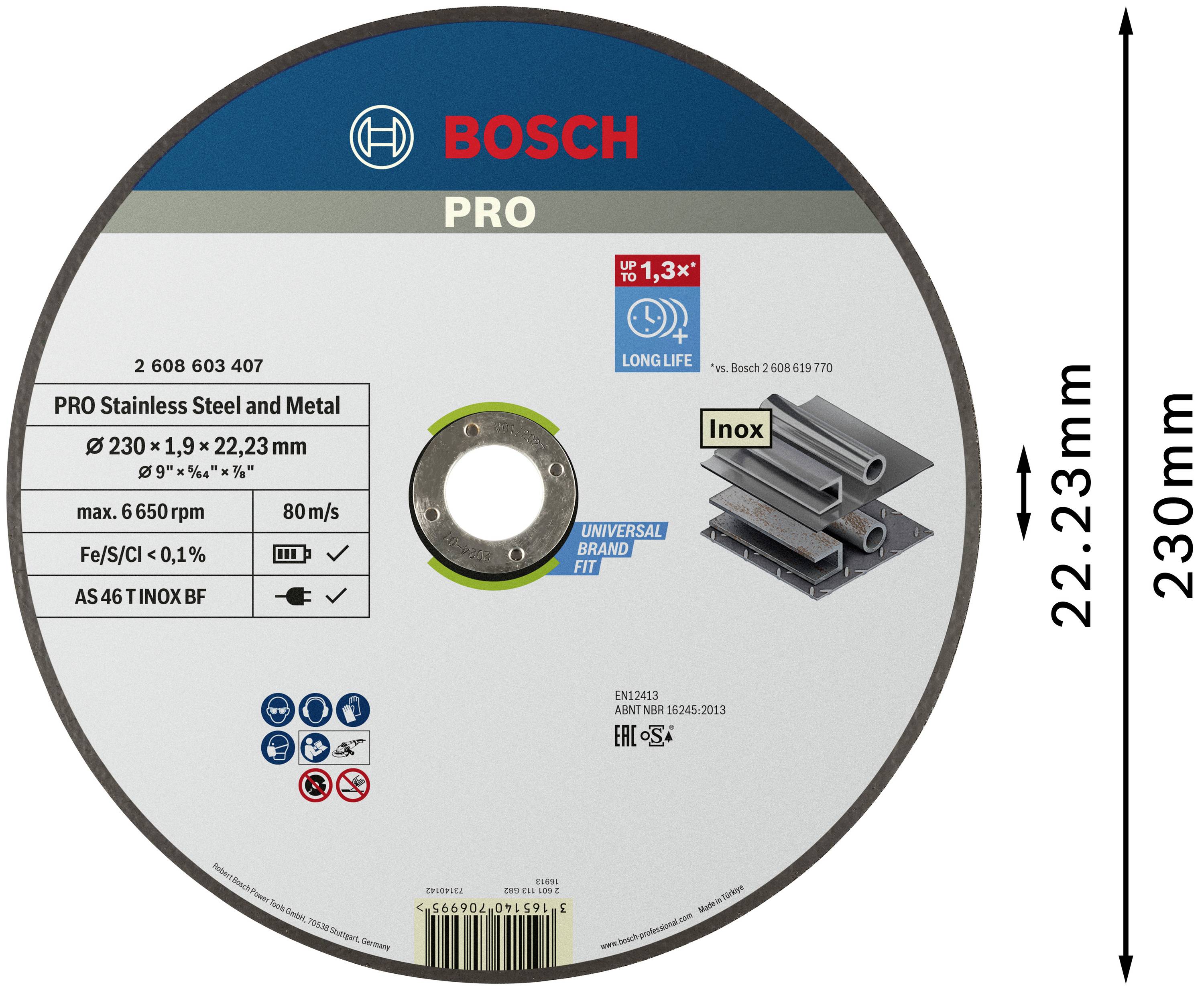 Schleifscheibe von Bosch für Edelstahl und Metall, 230x1,9 mm, 80 m/s. 'Inox' steht auf der Verpackung, Abbildung von Metallrohren.