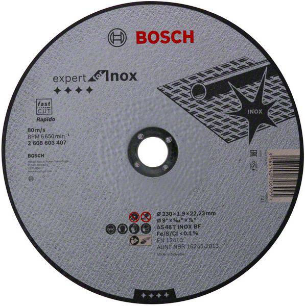 Schleifscheibe mit Bosch-Logo und Angaben: 'expert for Inox', Durchmesser 230 mm, Dicke 1,9 mm, für Edelstahl geeignet.