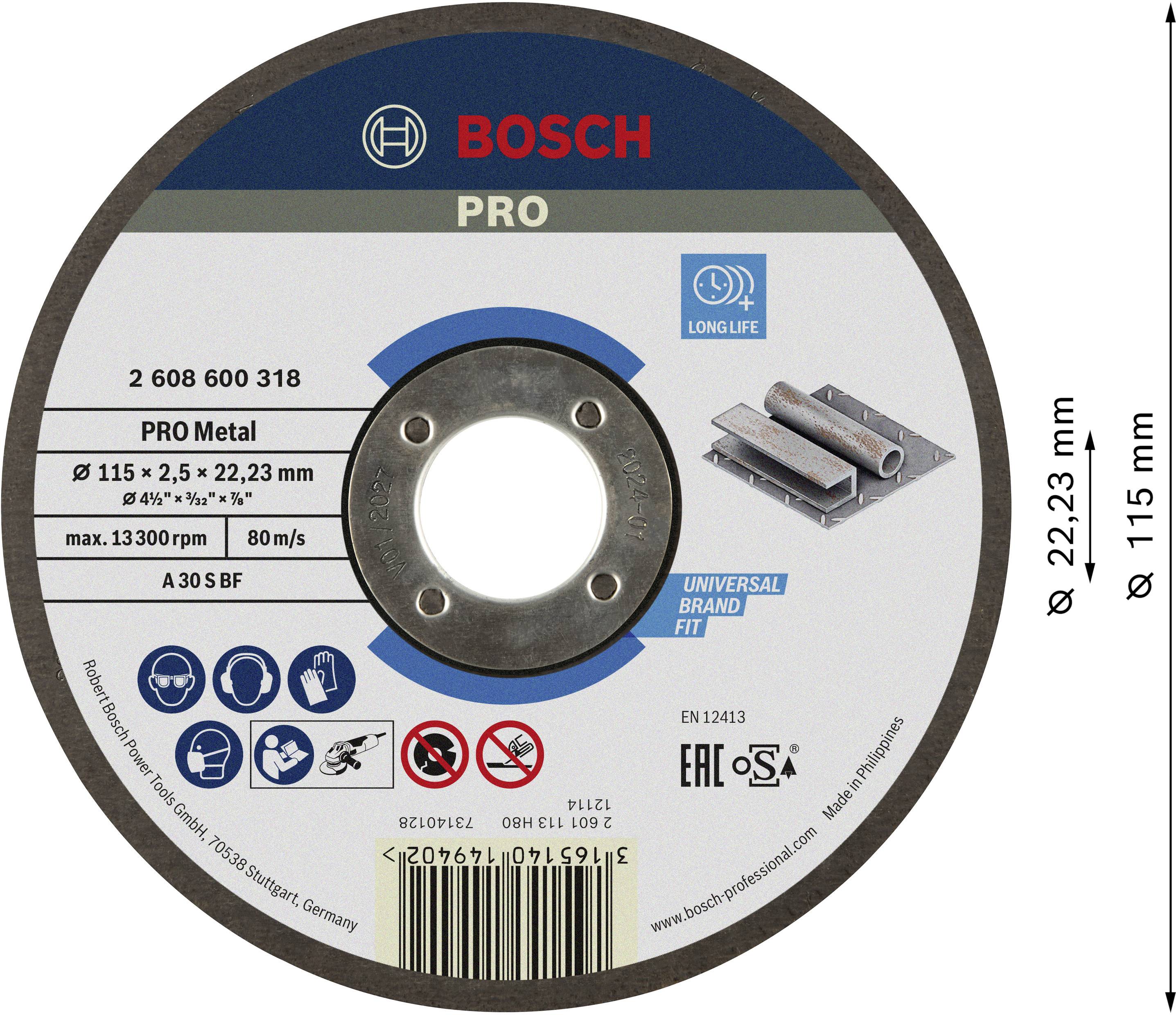 Schleifscheibe 'Bosch PRO', Durchmesser 115 mm, Dicke 2,5 mm, für Metall geeignet, Drehzahl max. 13.300 U/min, langlebig.