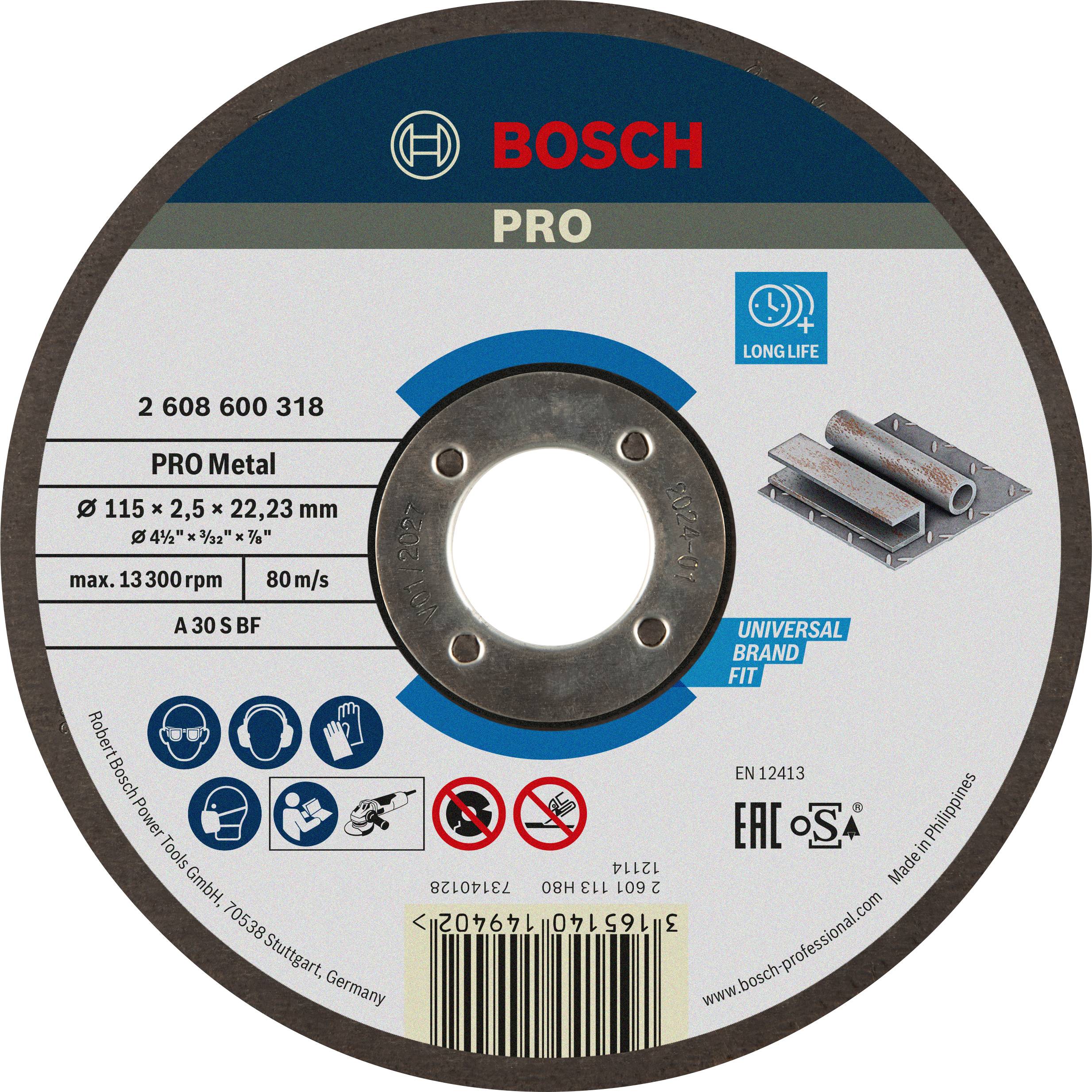 Schleifscheibe von Bosch 'Pro Metal' mit Durchmesser 115 mm, Dicke 2,5 mm. Eignung: Metall, max. 13.300 U/min, 80 m/s, 'Long Life'.