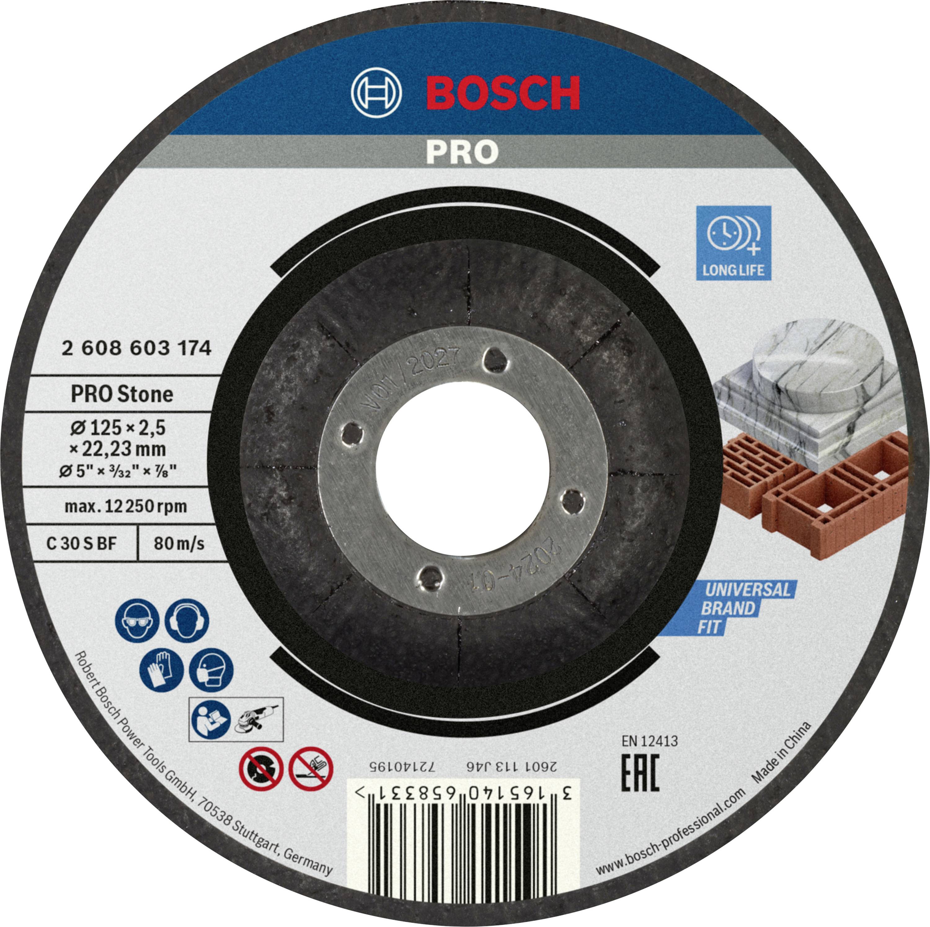Schleifscheibe von Bosch 'PRO Stone' für Steinbearbeitung. Durchmesser 125 mm, max. 12.250 U/min. Markenname und technische Spezifikationen sichtbar.