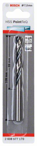 'Bosch HSS PointTeQ Bohreinsatz, 7,5mm, Länge 109 mm.' Spitzt des Bohrers hervorgehoben mit 'high speed' Symbol. Verpackung enthält Markenlogo.