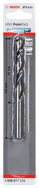 Bosch HSS PointTeQ Bohrer, 9 mm Durchmesser, 125 mm Länge. Geeignet für Metallarbeiten. Verpackung mit Markenzeichen und Größenangaben.